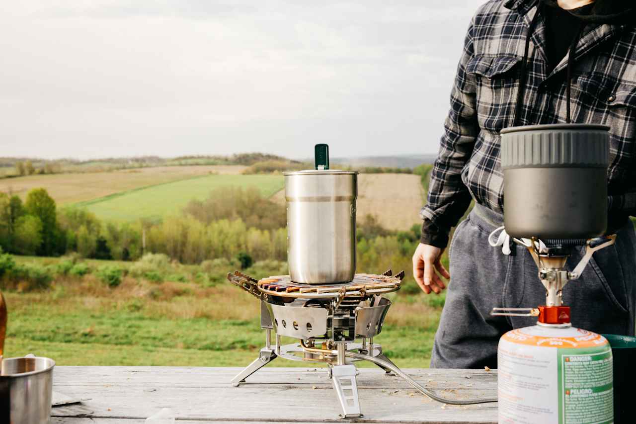 Cooking up breakfast at the picnic table. 