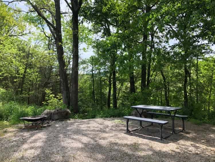 The campsite is raised and drains well during rain.  It has a table and mobile fire pit with water and toilet nearby.
