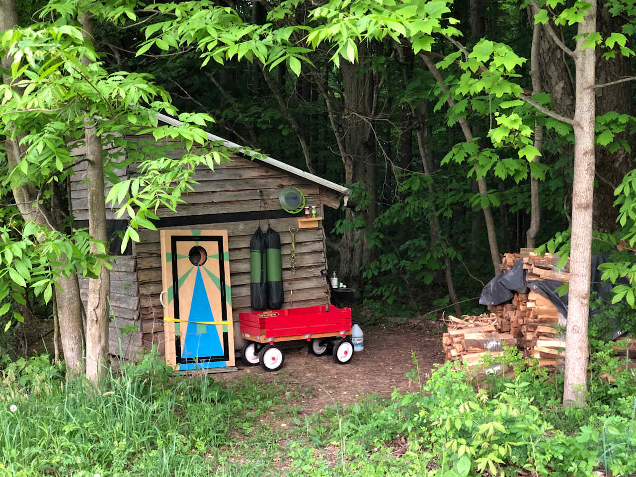 At the Deer Blind in the Prairie, you will find corn hole, frisbee, extra wood for sale, and bubbles. 