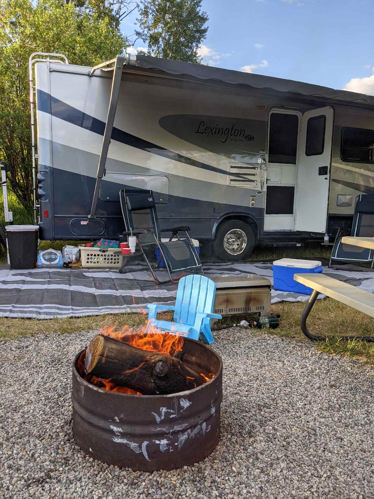 Shade trees, fire pit, and a picnic table for your use.