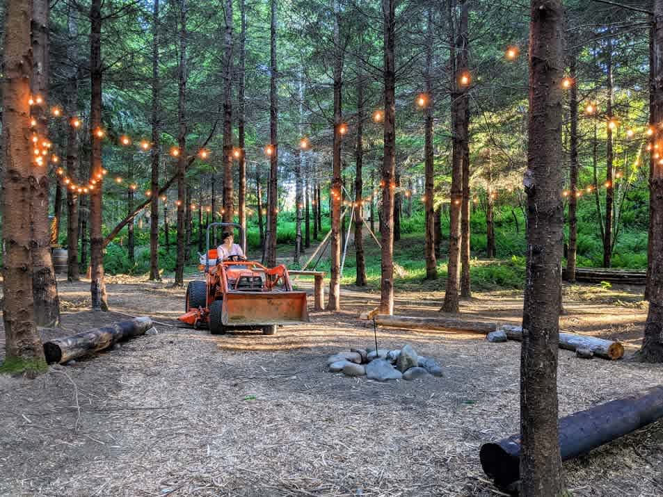 Group campfire space at dusk