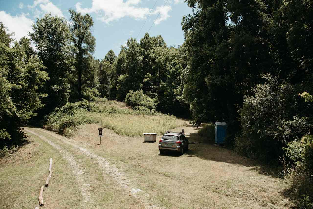 Parking area and bathroom.