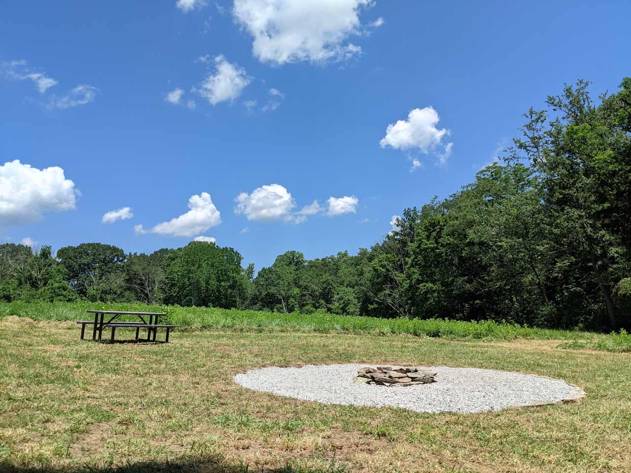 Updated Fire Ring. 16' diameter crushed rock area around fire ring. Campsite is mowed weekly and sized about 80'x80'. 