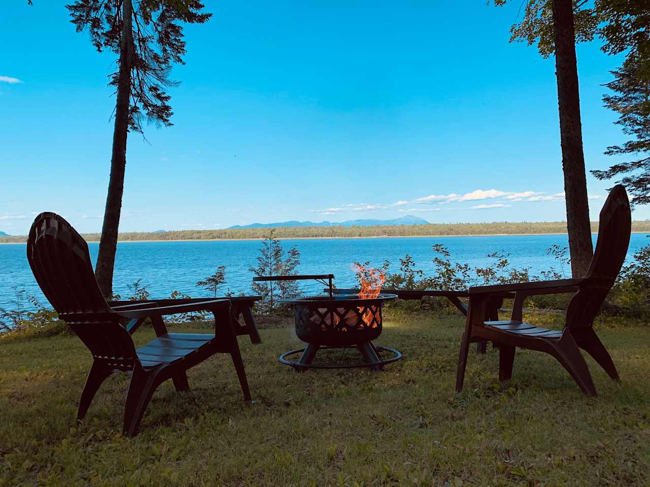 View of the Mount Katahdin mountain range from the private fire pit.