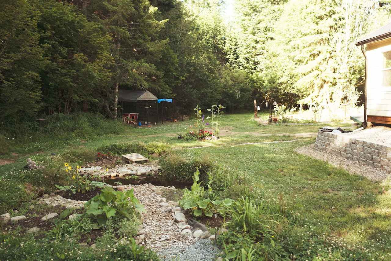 The garden pond and chicken coop.