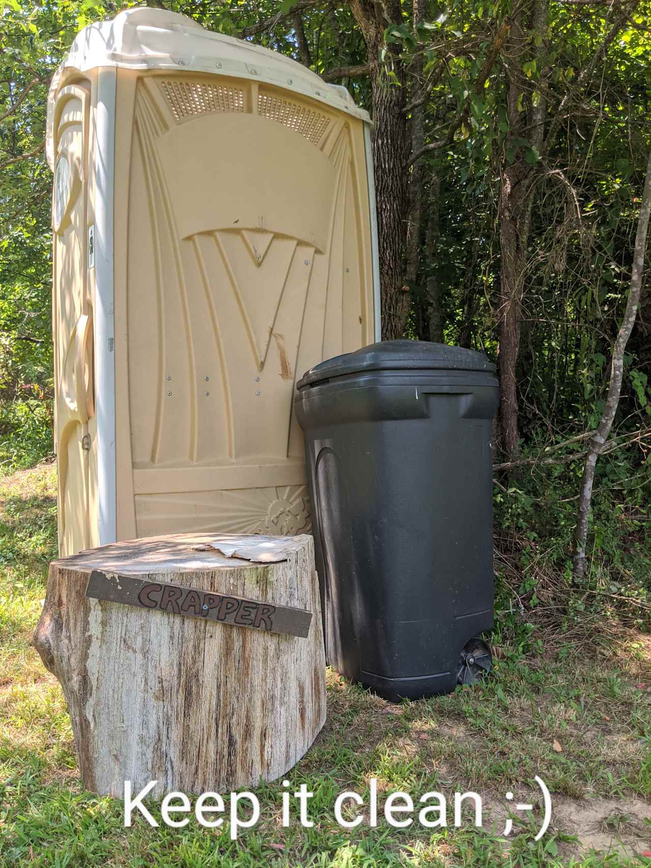 The water spigot is at the log across from horse pasture and the porta john is in the corner on the way to the spigot. There is now a solar powered bath house (behind the porta-john). Switch to left of the door turns on the light. Switch beside shower turns on water pump. PLEASE turn them both off as you leave. 