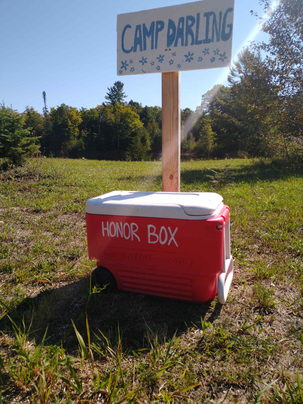 This is our "honor box" for purchasing disposable waste bags for our portable toilet. 1$ per bag. Just leave it in the box!