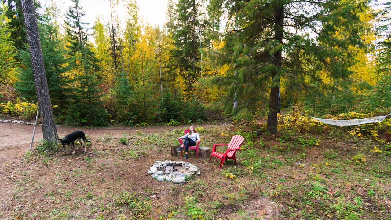 The view looking away from the cabin towards the road and the chairs.