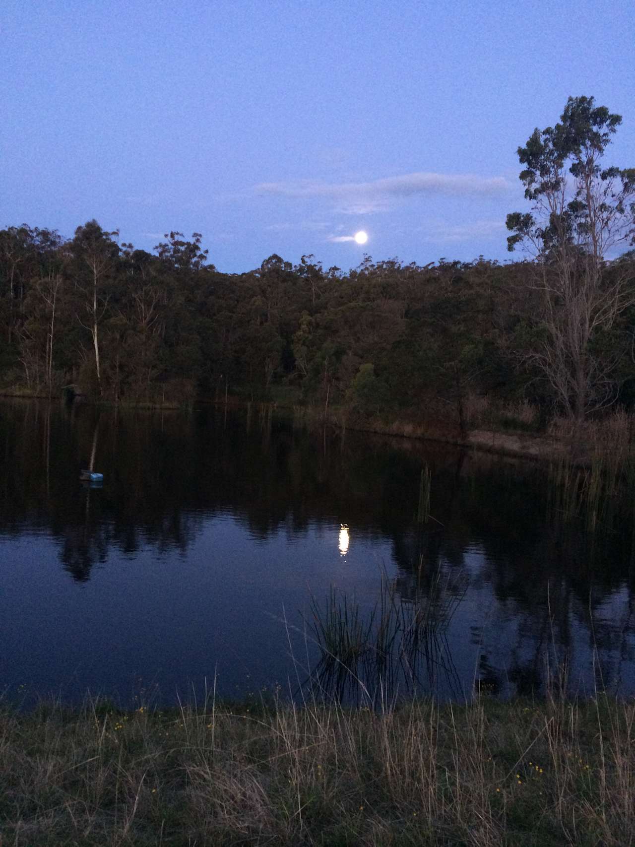 Looking over to the full moon rising over 'Camp by the Dam'.