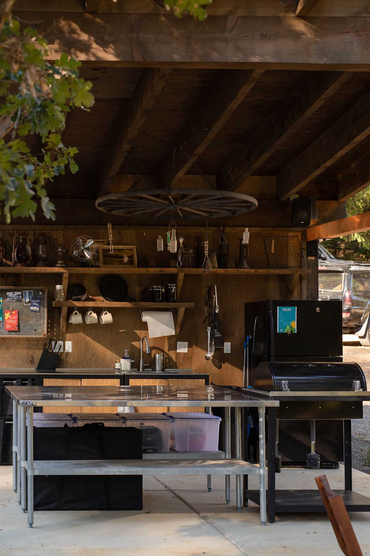 Fully functioning outdoor kitchen with a full size refrigerator. 