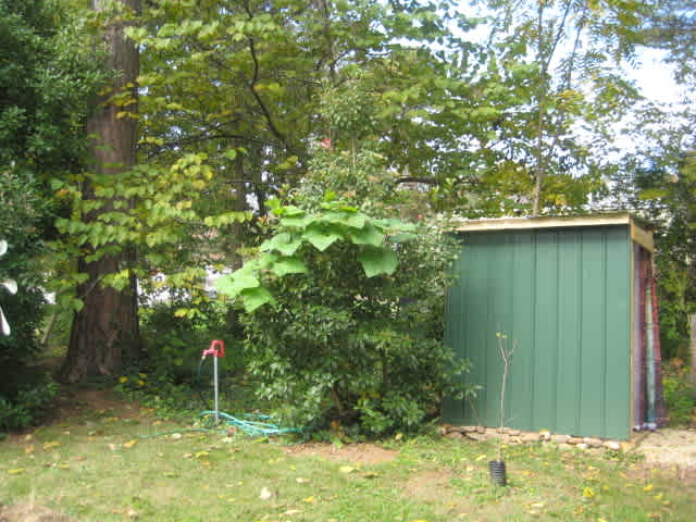 Path to camp site on left past yard water hydrant. Green-walled shower on right.