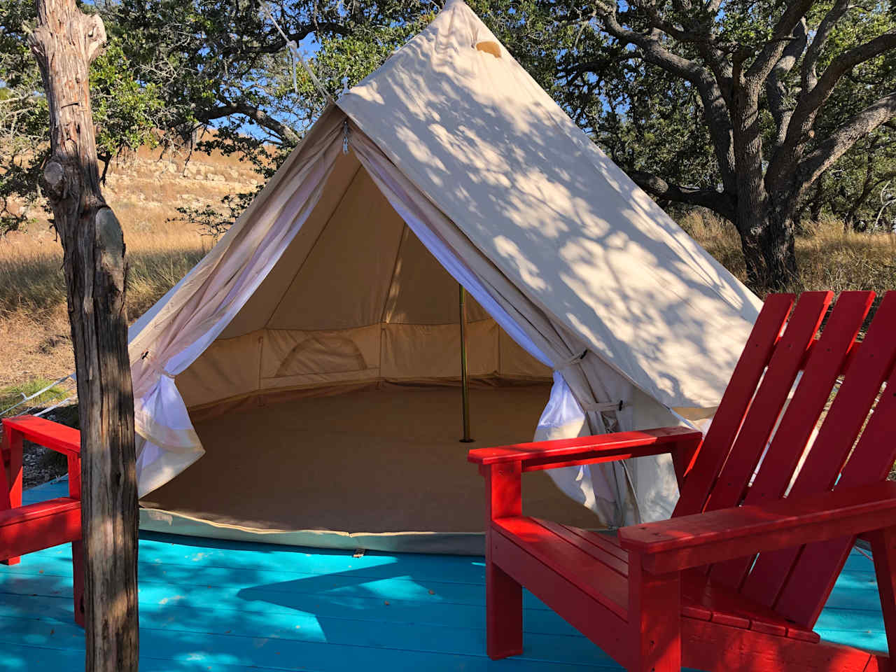 Bell tent has a large area rug on floor and plenty of room