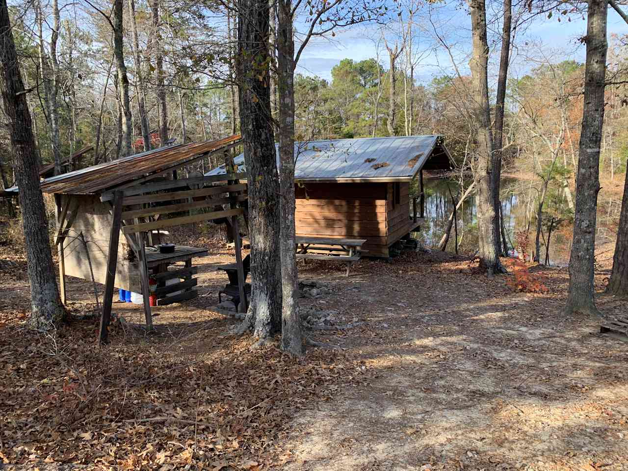 Driving into camp kitchen and cabin