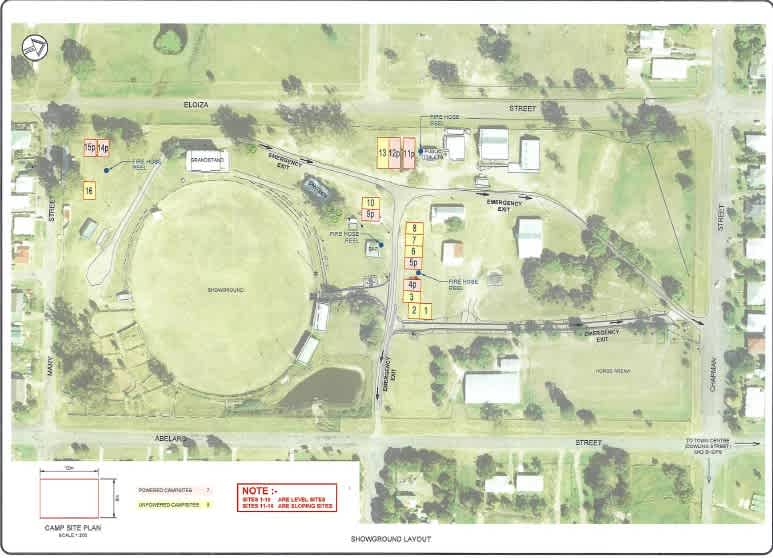 Map of showground with powered highlighted in pink & unpowered highlighted in yellow.  This picture is a reference to site locations. Note 14p,15p & 16 unpowered are on slopping sites