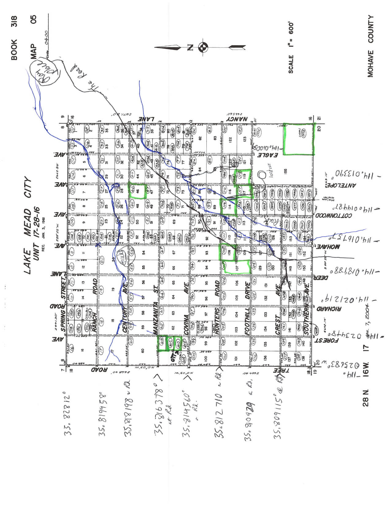 Subdivision shows GPS Lat. and Long. of where all the roads need made. Camp is highlighted bottom middle lots 61 B and C.  i plan to try to make a road west Manzanita to n. on Antelope to t wash, west in the wash for 1/2 mile to forest then south to property.
