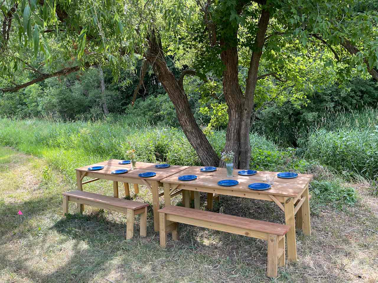 Outdoor picnic table is wonderfully shaded by the willow trees...