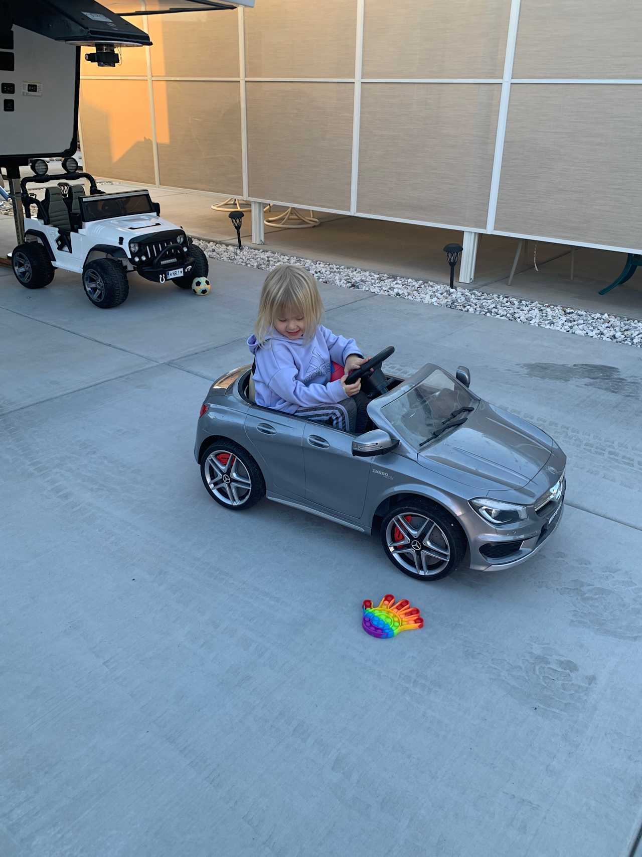 Safe off the road.  Our street has very little traffic and you park your vehicles on the front of the concrete pad giving even more play area.