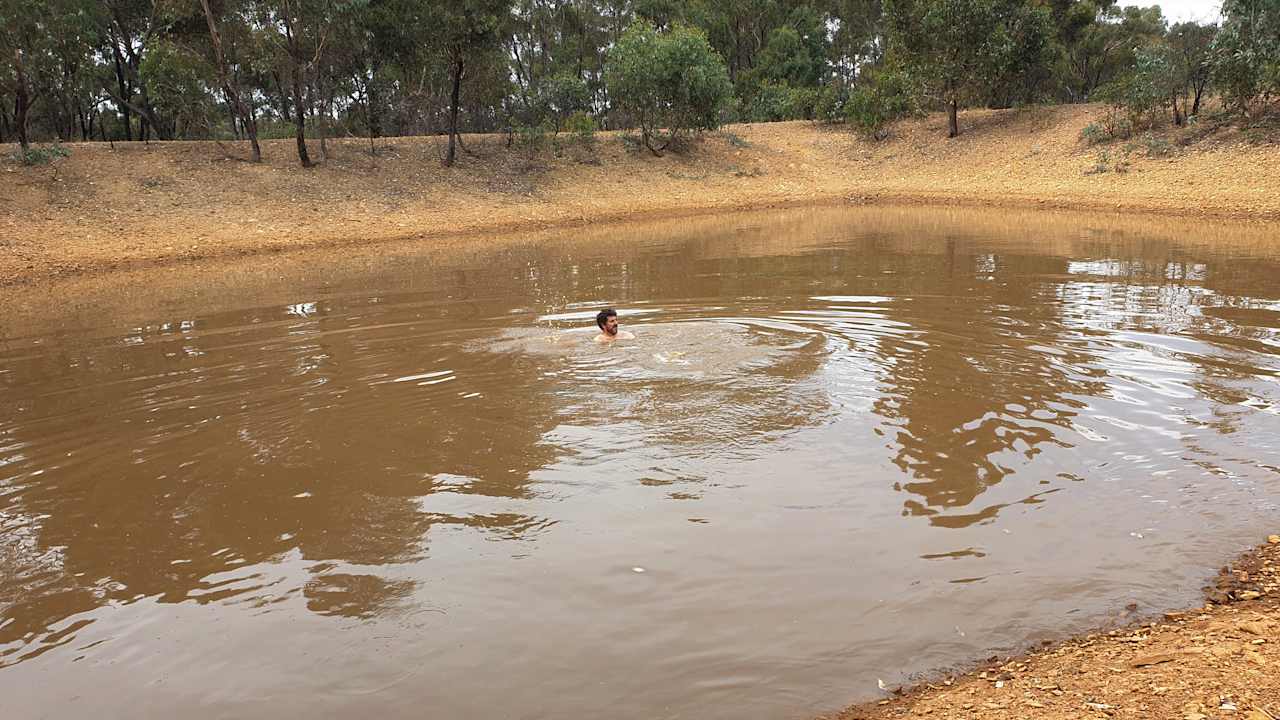 Swimming in the water hole behind camp site 1.  Highly recommended in Summer of course.  It's like your own private brown swimming pool.  