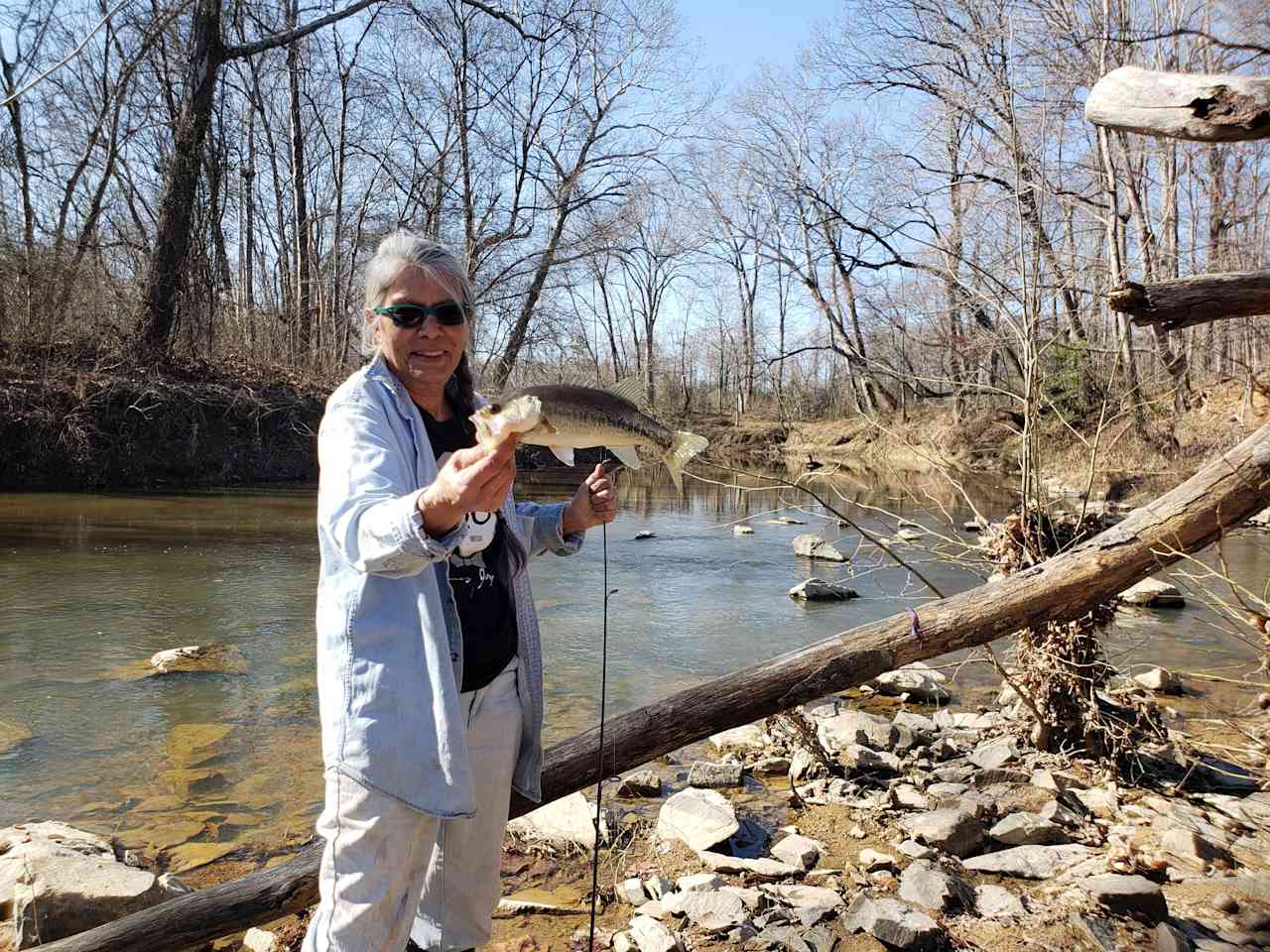 Lee's first bass of 2022 caught where Deep Creek feeds into the Flat River 