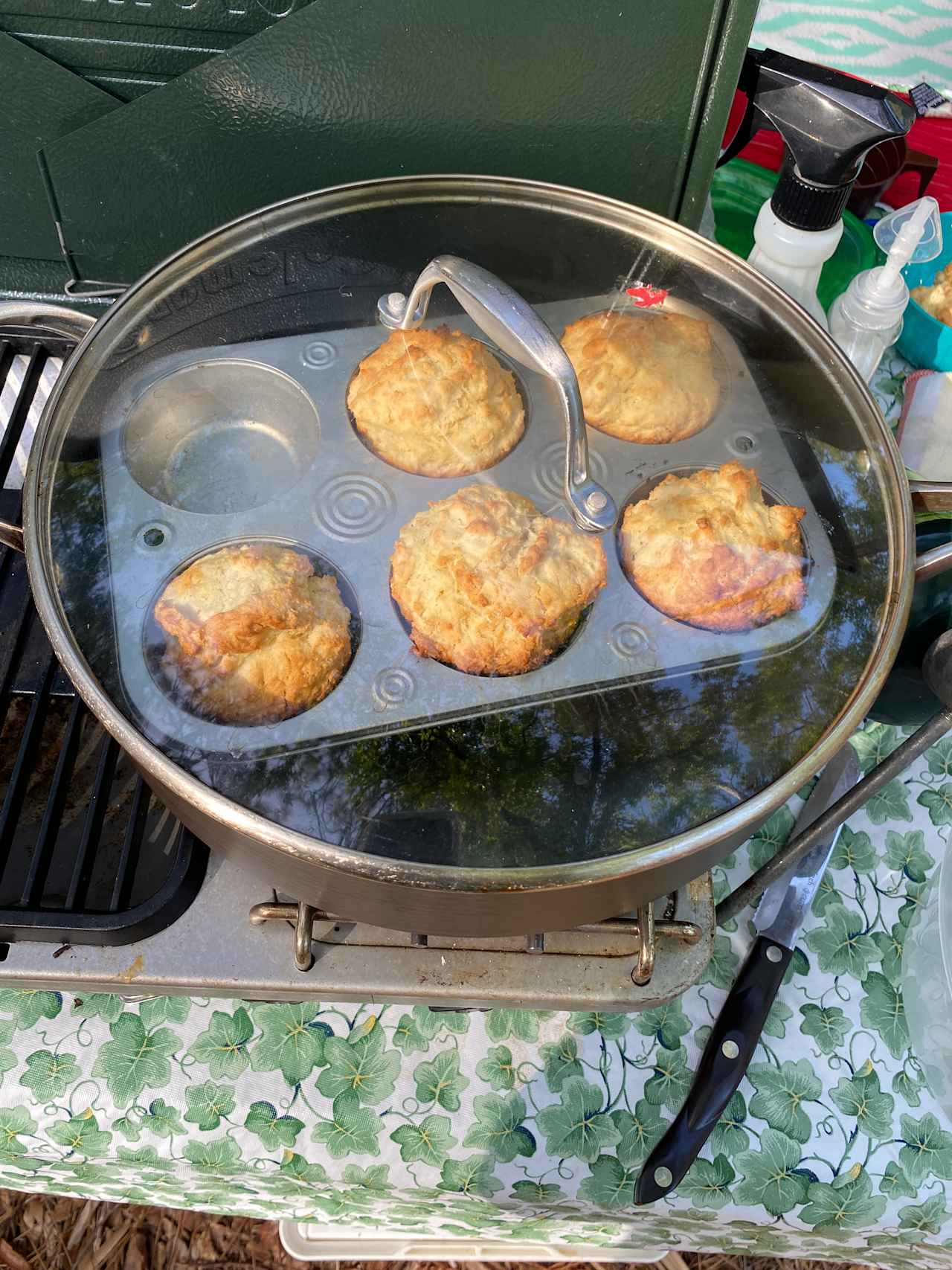 Baking biscuits with the dry heat method on my coleman stove.
