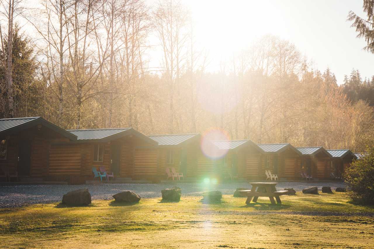 The cabins as seen from near the forested tenting area. 