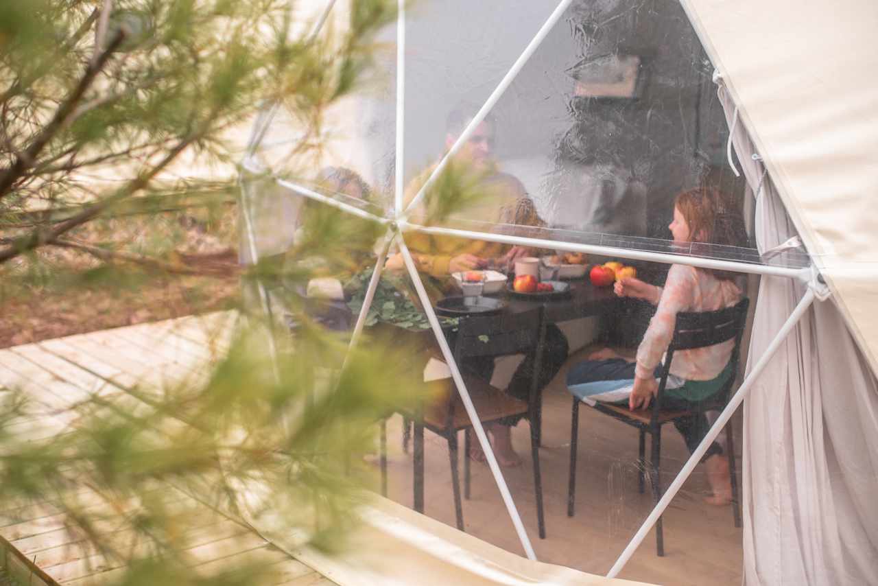 Large dome window overlooking the pond 