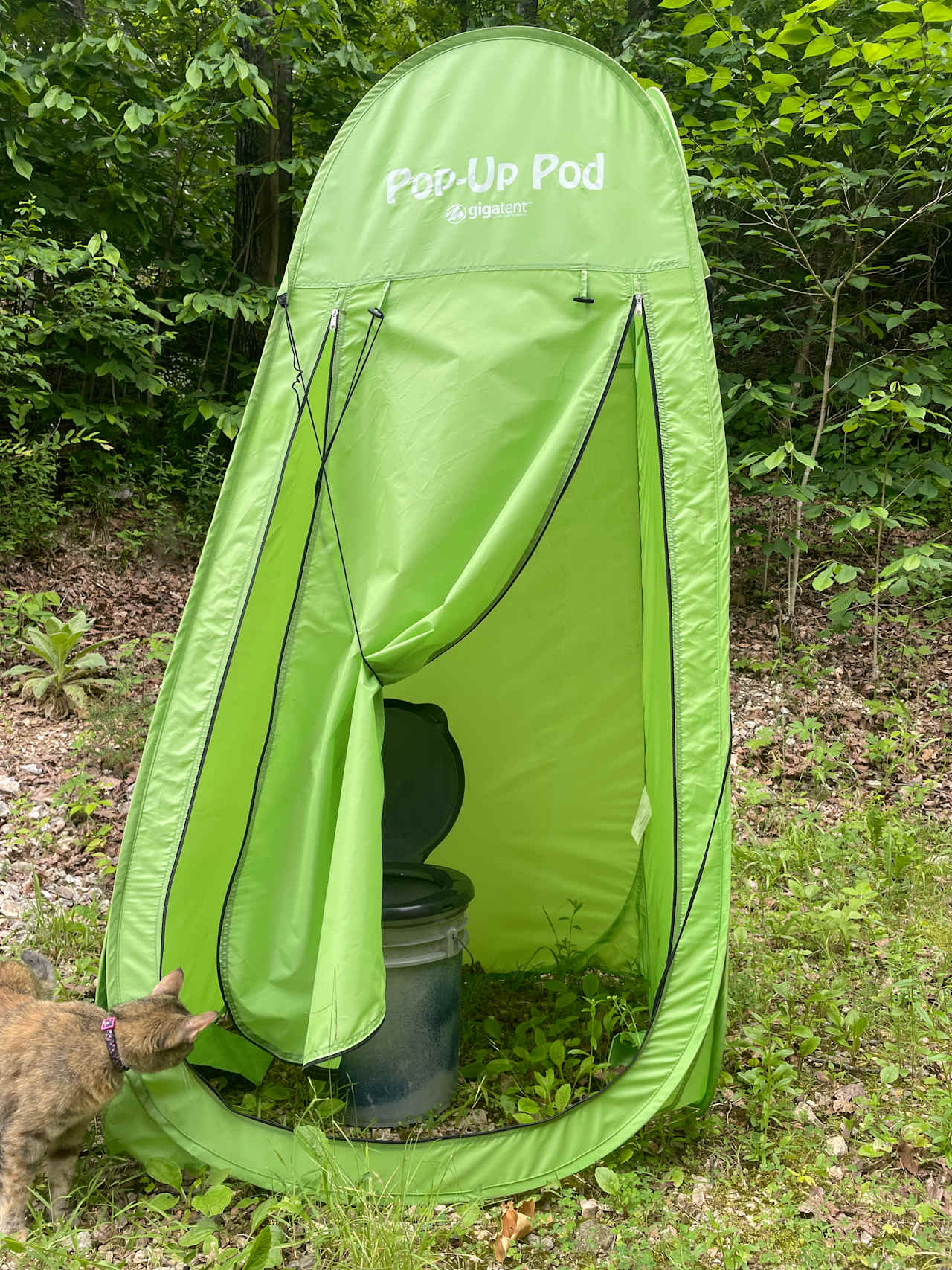 Privacy tent with bucket and toilet seat. Please use appropriately, and pack it out at the end of your stay. 