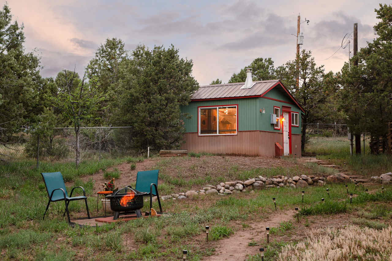 Sunset at the Flower Hut, fire going