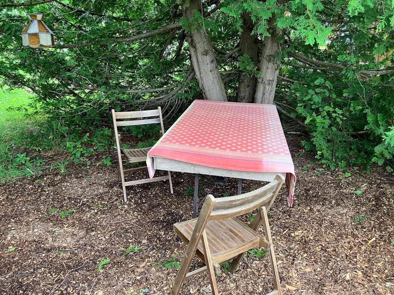 Table and two chairs for your comfort - the extension cord reaches the table so that you can keep your devices charged