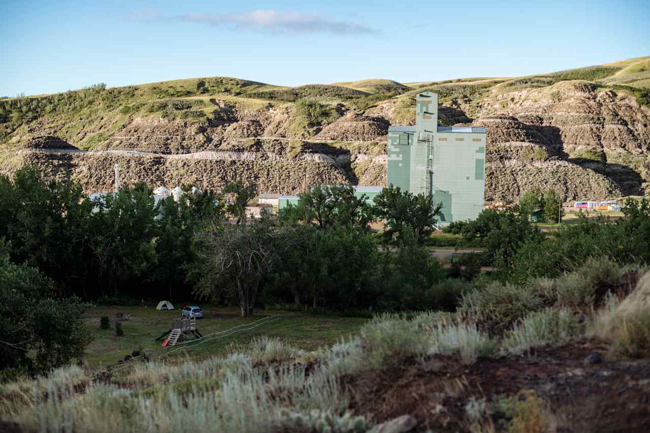 View of the campsite and the Rosedale grain elevator from the walking trail up the hill.