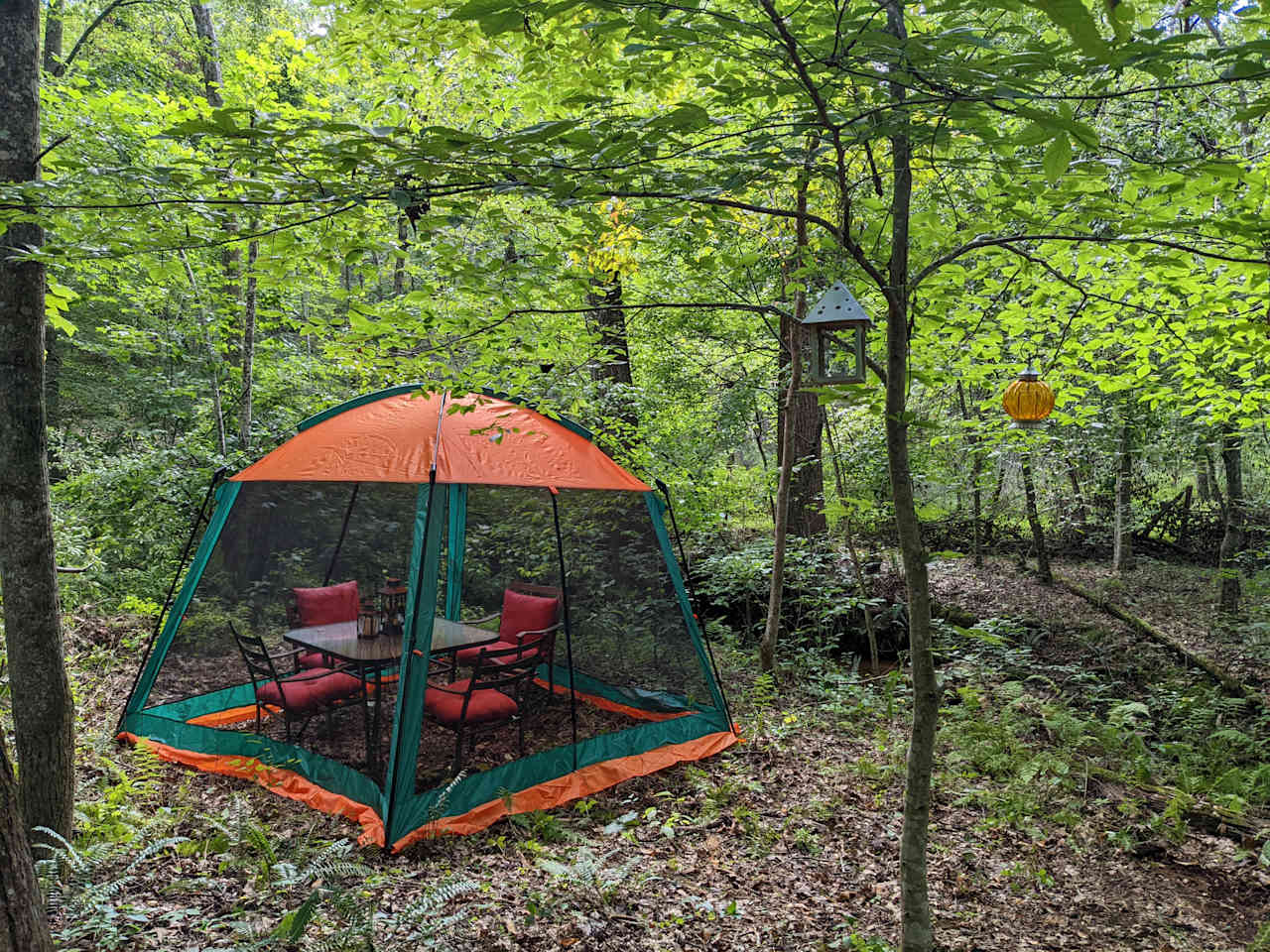 Dining table and four chairs at the site. The insect screen is available for rent. 