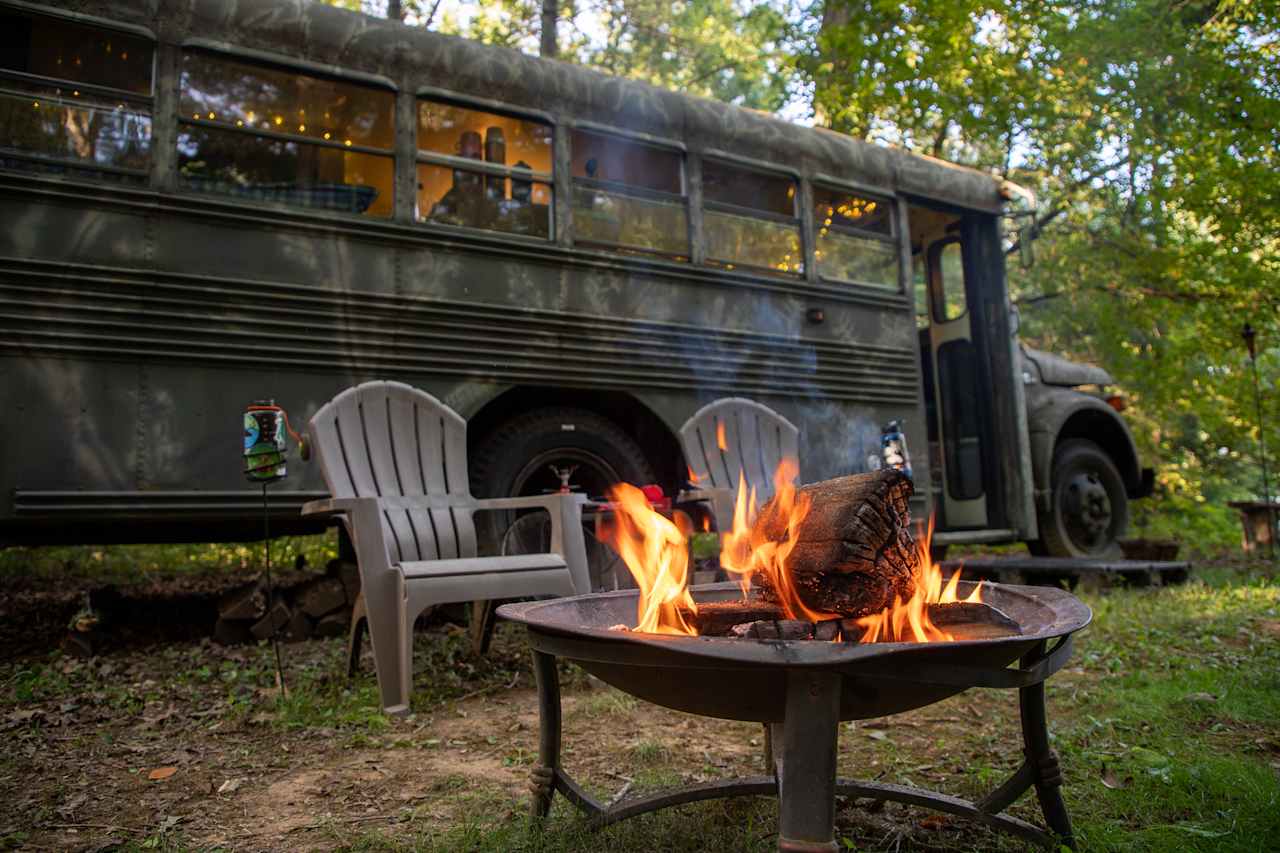 Campfire in front of the bus.