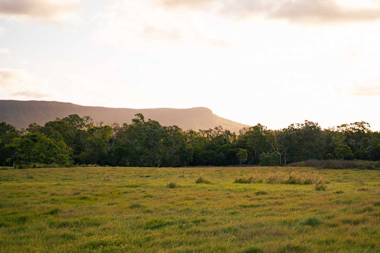 Views out the back of the camp of the mountains and sunset