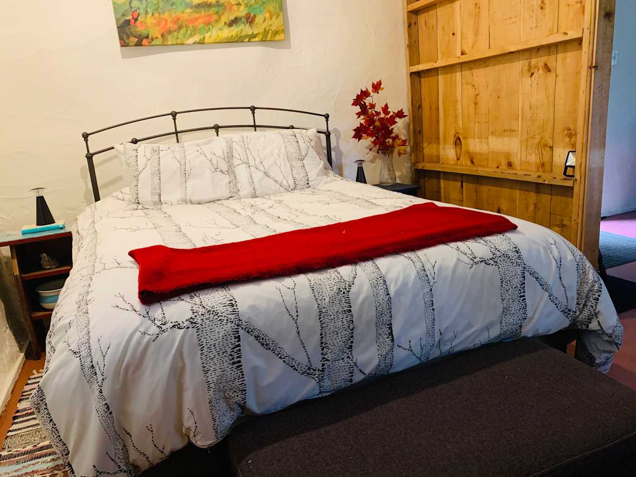 Very comfortable Queen size bed.  cozy hypo-allergenic comforters and lots pillows.   