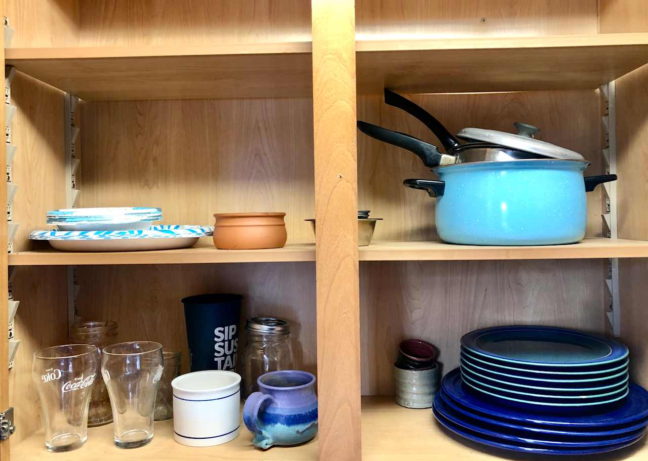 Pots, pans, dishes, silverware 