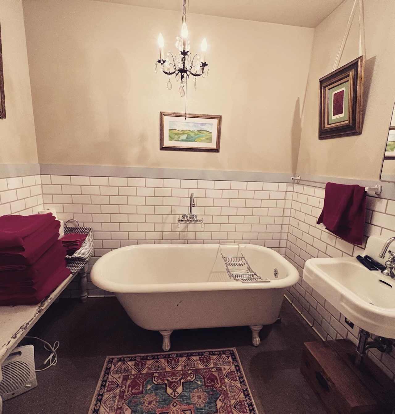 Farm house bathroom for guests- complete with a double headed shower! 