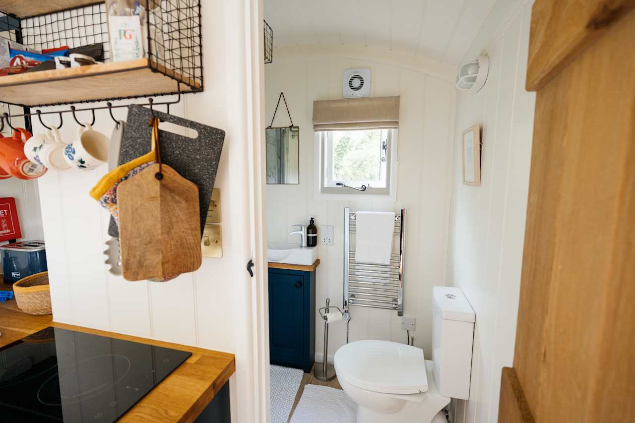 View from kitchenette to bathroom in Lapwing Hut