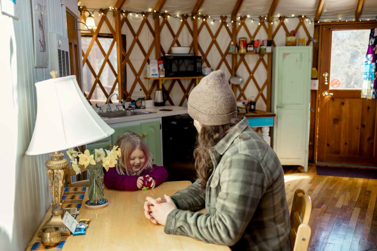 Enjoying the table inside the yurt