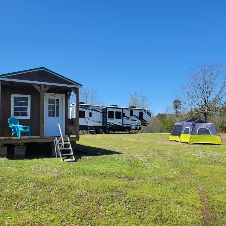 cabin is rented on hipcamp as well as TV and pre set tents. 