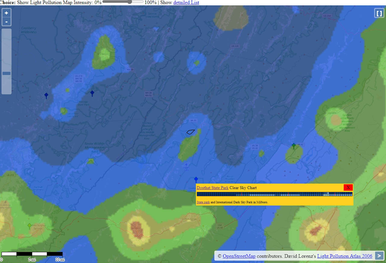 Property outline in black in center of photo.  (Northwest over ridge from Hot Springs depicted in green).
Same light level as Dark Sky Park.