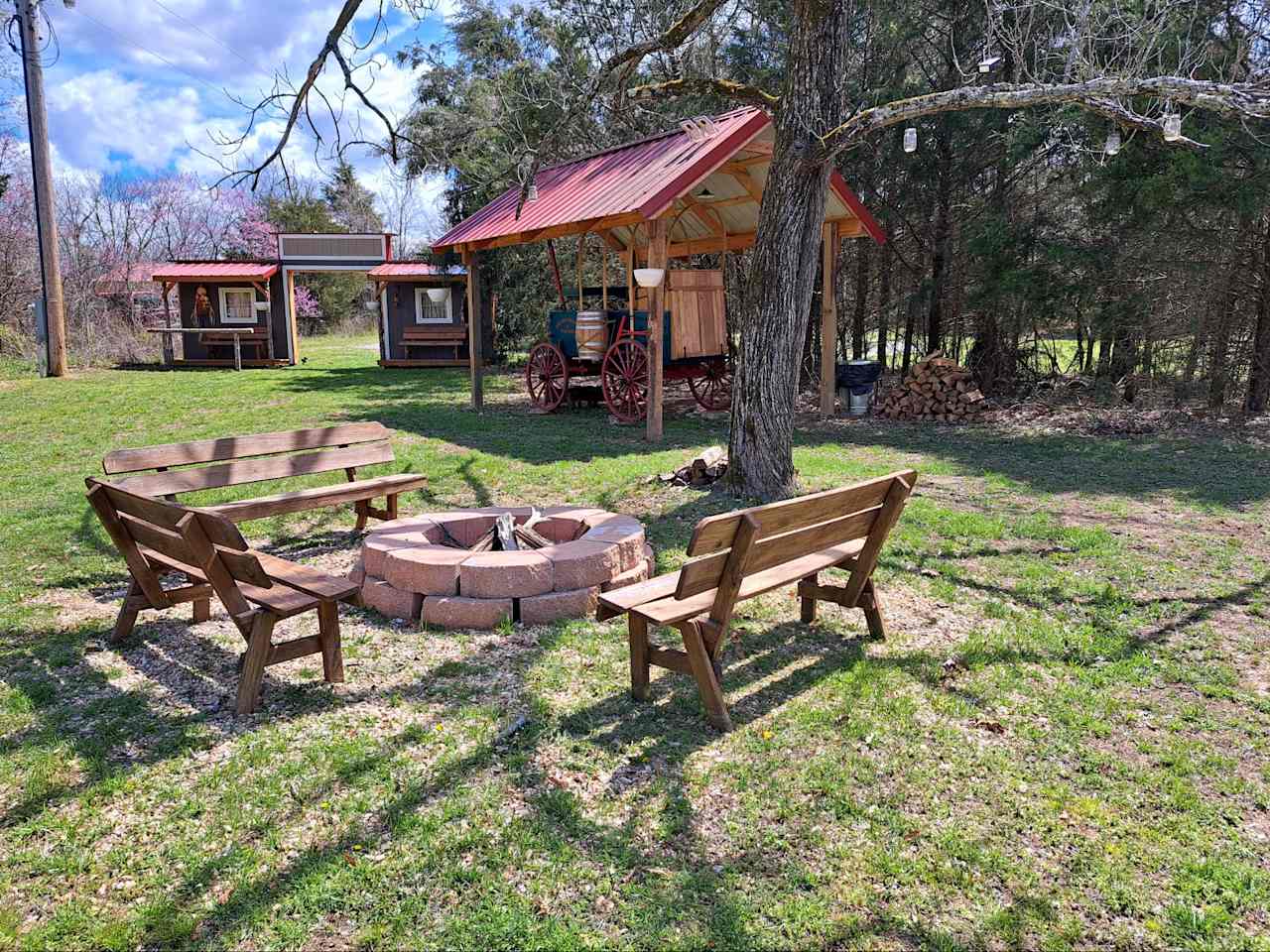 Communal fire ring at rustic Littlecreek village.