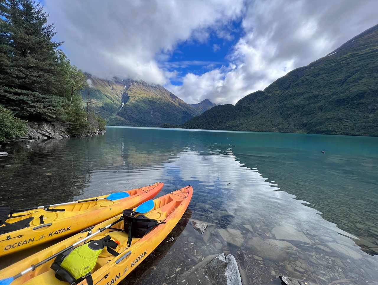 Kayaks awaiting an afternoon paddle at our camp up on Grant Lake.