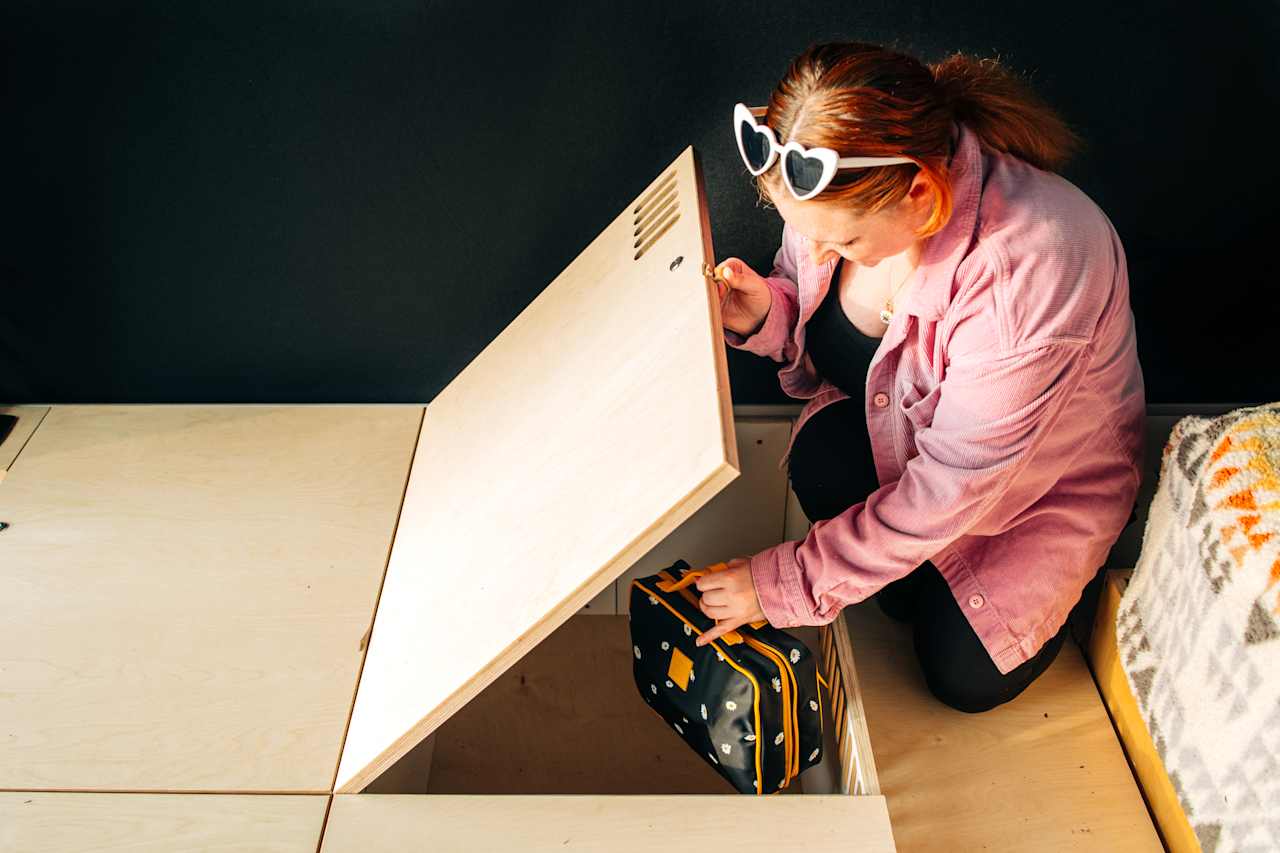 There is additional storage under the floor in these convenient cubbies. One of the cubbies houses a fire extinguisher if ever needed.  