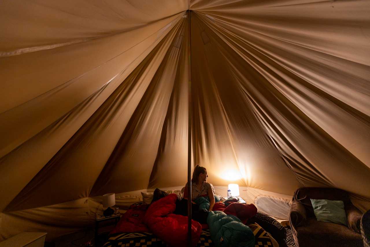 Inside the King Yurt our night, such a nice vibe.