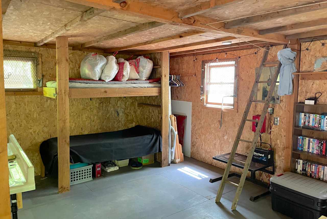 The cabin is one open space with built in bunks for 5 (one full sized bunk and three singles)