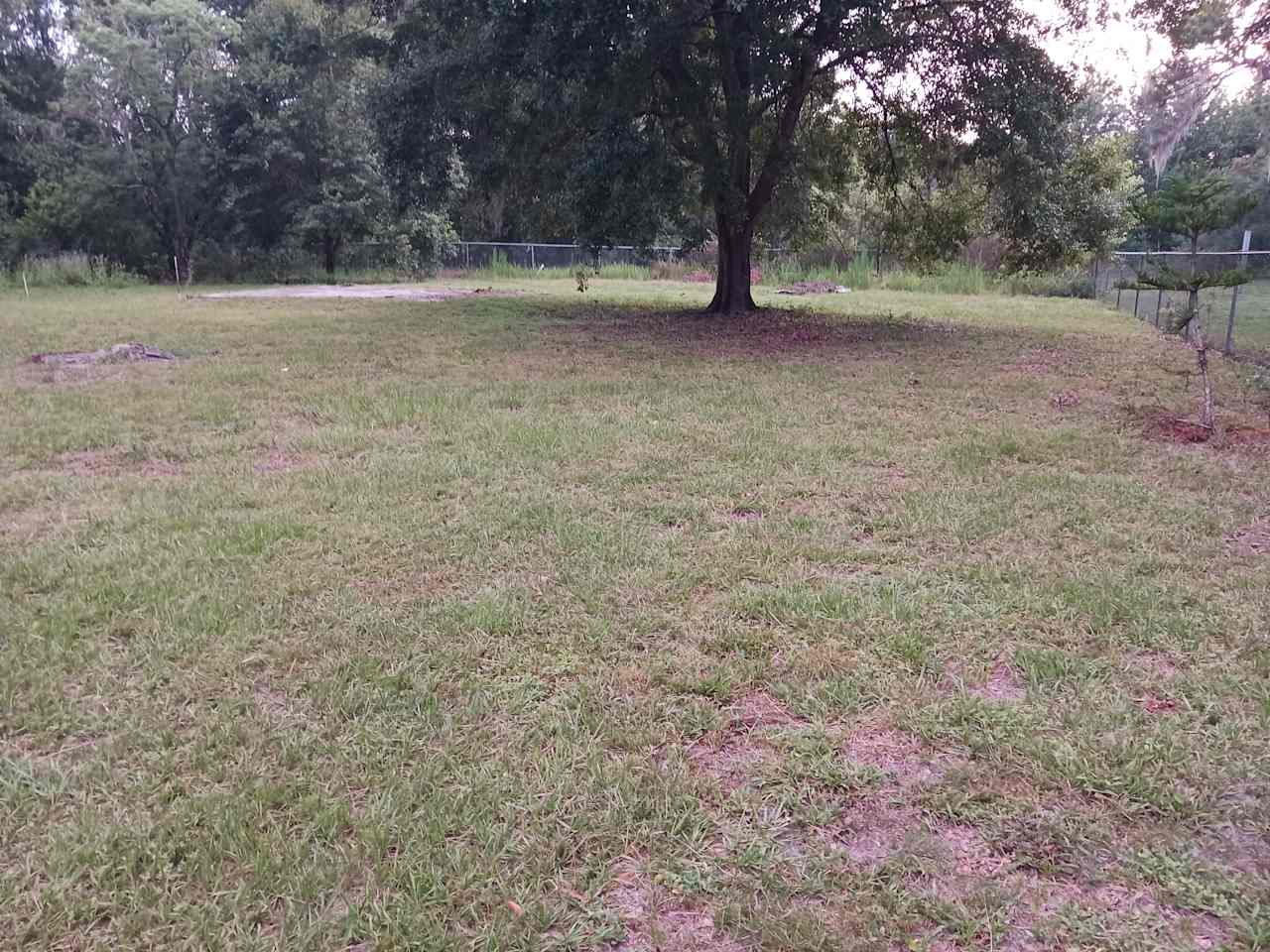 Fenced-in pet area with concrete pad and hose spigot.