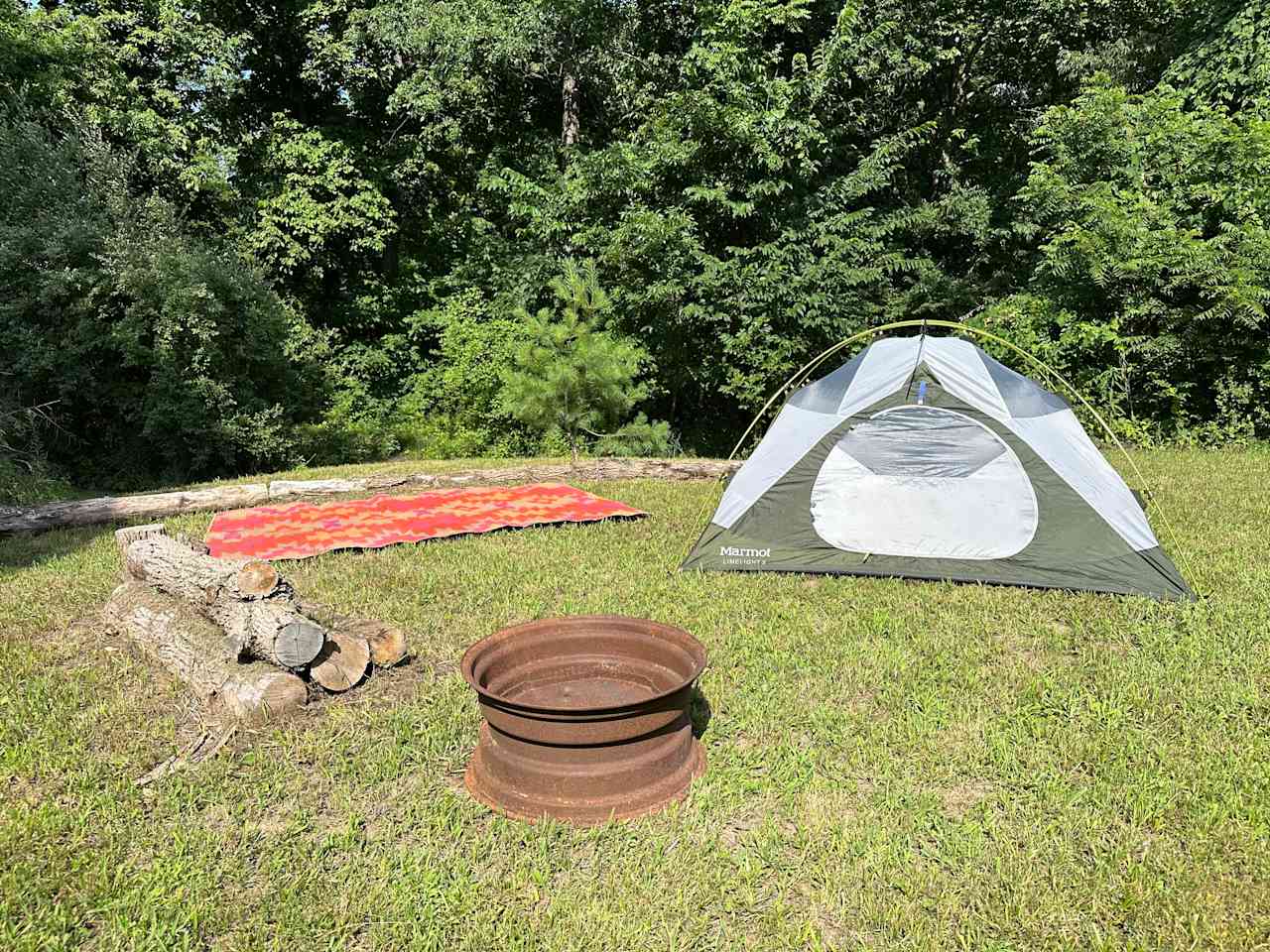 Site 2: Has fire ring, flat area and stacked wood nearby. Outhouse and trash bins are less than 50 yards away.