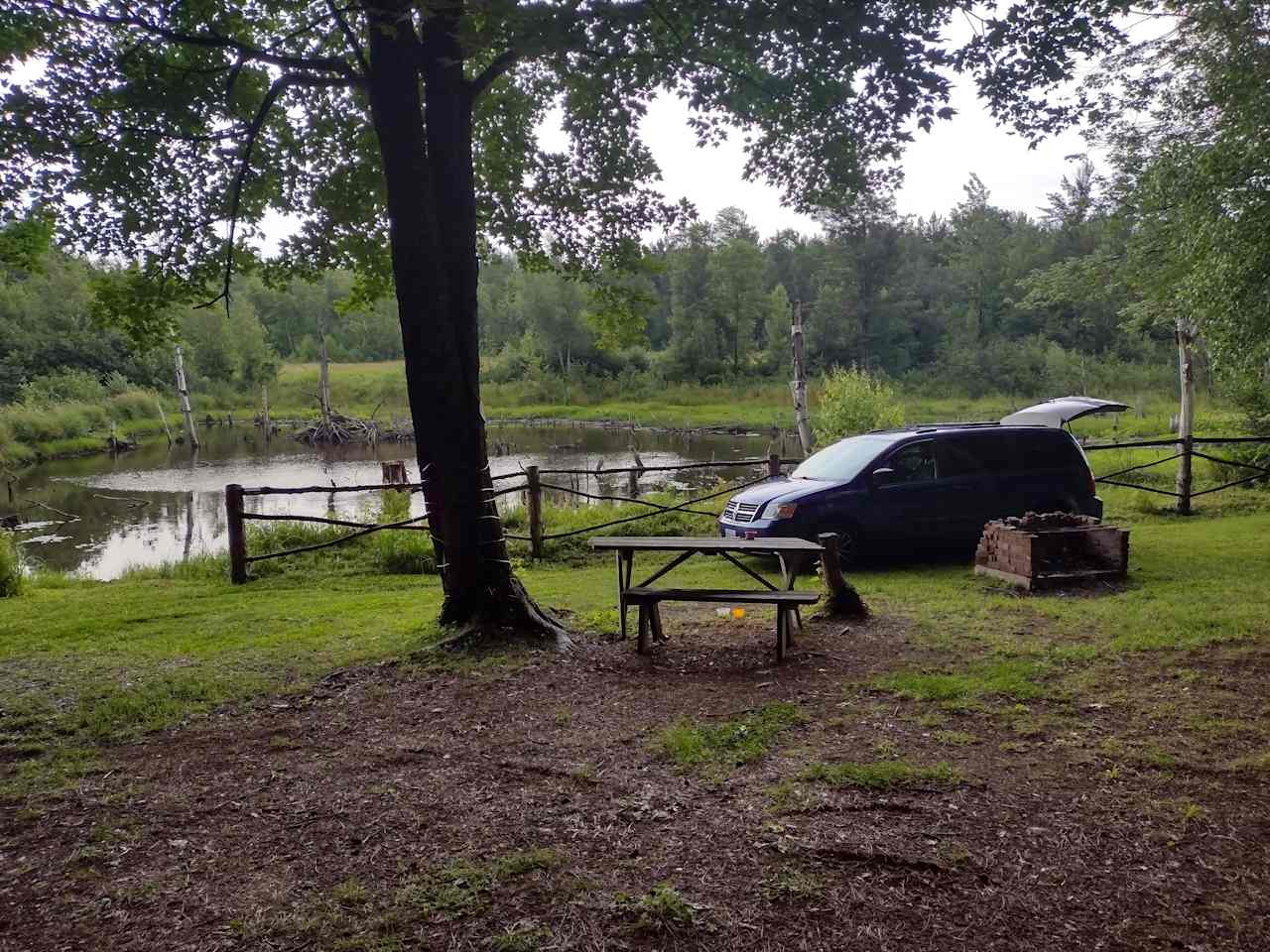 The pond is beautiful and full of frogs that you hear at night. Water is very low so couldn't paddle in it and it's fairly small. If water was higher, would be fun for children to paddle in. 