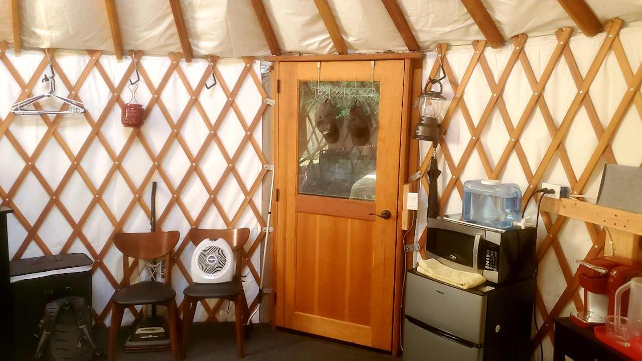 Inside door view with fridge and microwave.