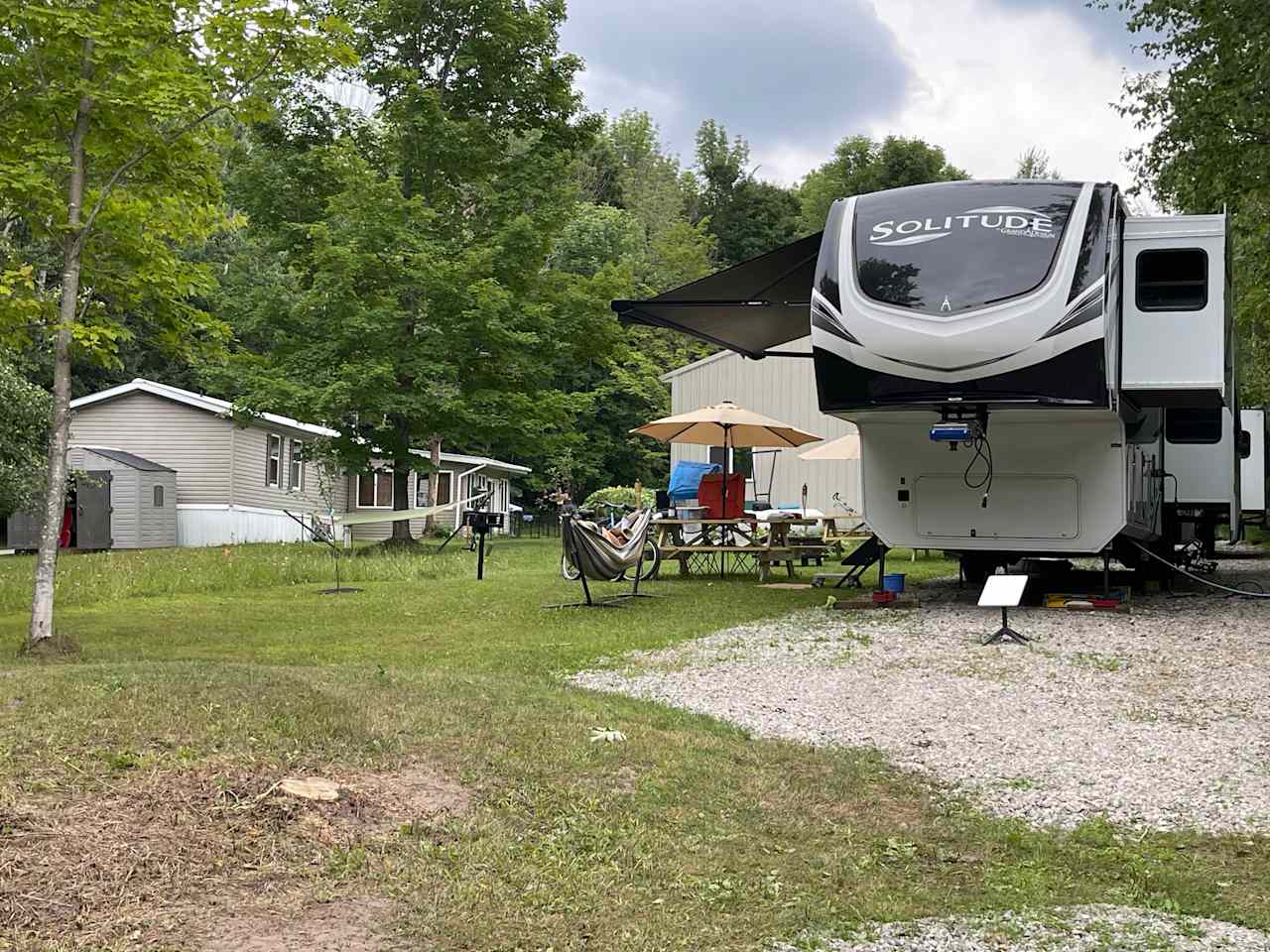 Our 43’ 5th wheel fit in the spot after some creative backing in from the road.  This was no problem for my husband.  